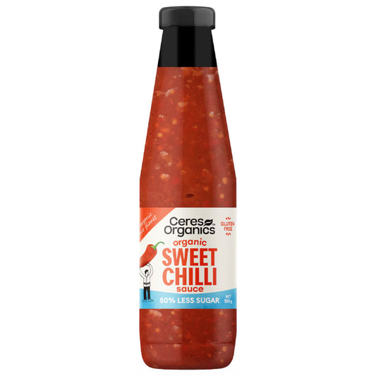 A bottle of Ceres Organics Organic Sweet Chilli Sauce on a plain white background. The bottle is filled with red chili sauce and features a white label with red and blue text, topped with a black cap.