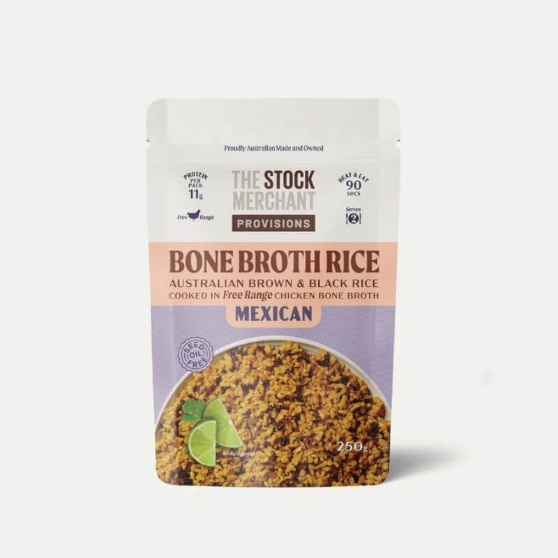 The Stock Merchant Bone Broth Rice Mexican 250gm, featured in the Joy Wholefoods online store.