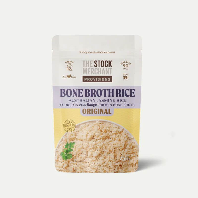 The Stock Merchant Bone Broth Rice Original 250gm, featured in the Joy Wholefoods online store.