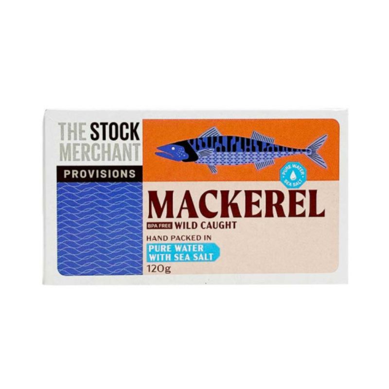 The Stock Merchant Wild Caught Mackerel Pure Water 120gm, featured in the Joy Wholefoods online store.