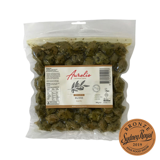 Aurelio organic garlic olives Brisbane and Gold Coast, featured in the Joy Wholefoods online store.