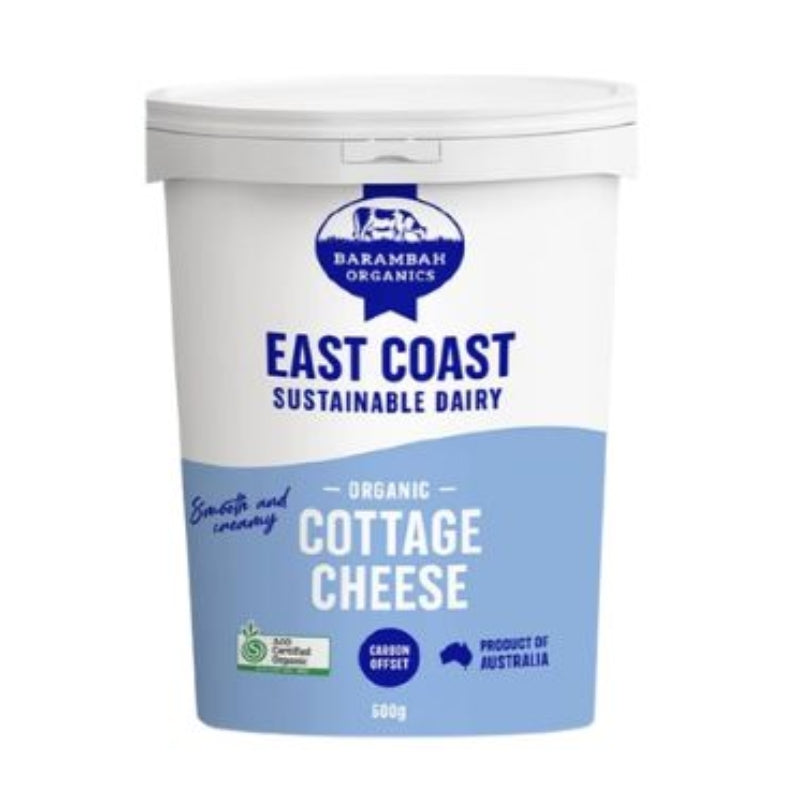 A 500g tub of Barambah Organics East Coast Sustainable Dairy Organic Cottage Cheese on a plain white background.