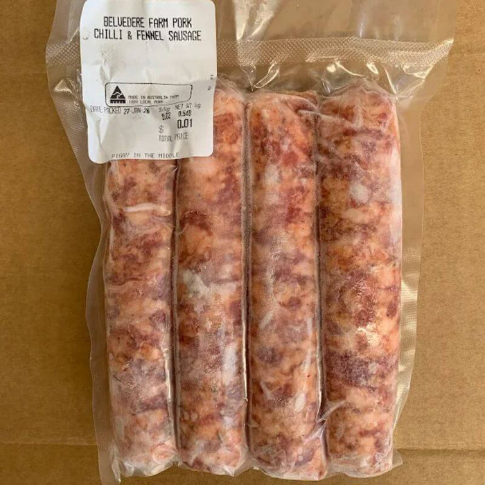 Belvedere farm pork fennel chilli 500gm, featured in the Joy Wholefoods online store.