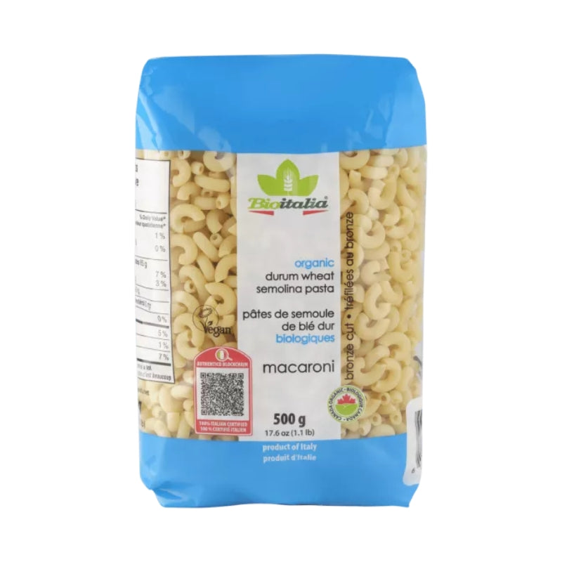 A 500g bag of Birotteria Organic Durum Wheat Semolina Pasta, featuring a bright blue bag with a clear window showing the beige semolina pasta inside.