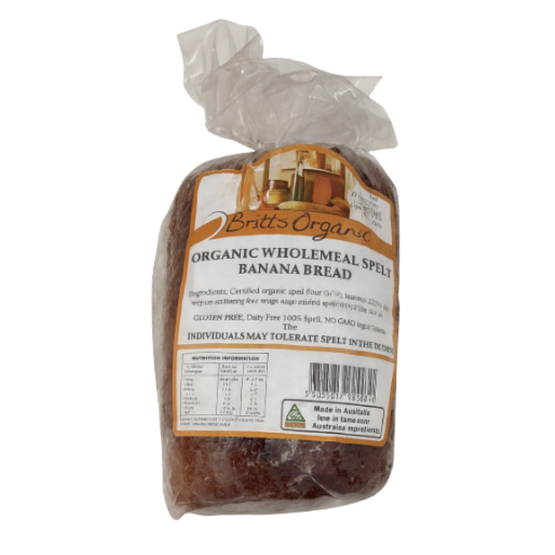 A packaged loaf of Britt's Organic Organic Wholemeal Sourdough Banana Bread in a clear plastic bag with a white and orange label, set against a plain white background.