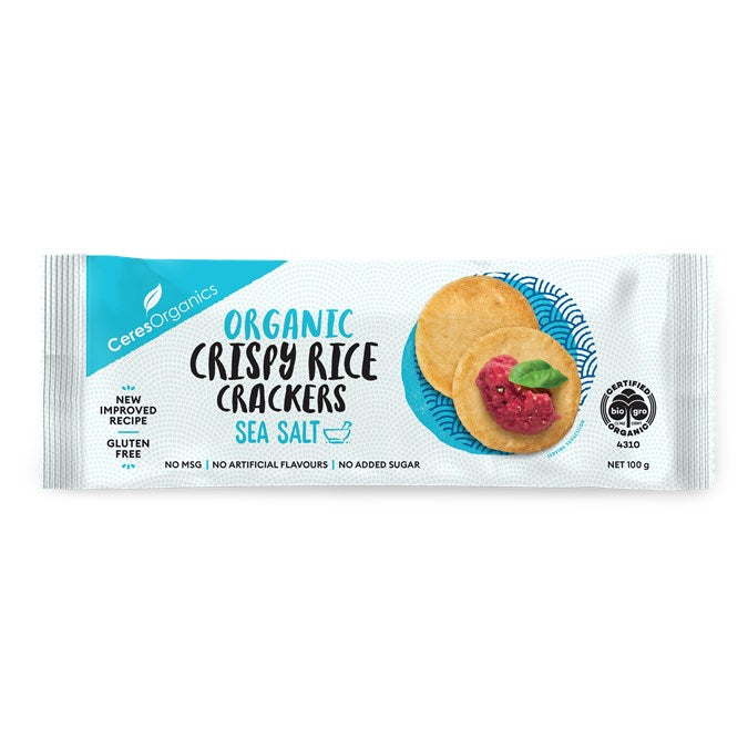 Ceres organics crispy rice crackers sea salt spray free, featured in the Joy Wholefoods online store.