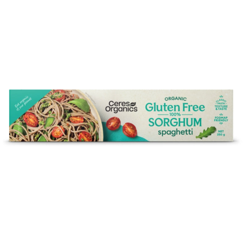 Ceres Organics Gluten Free Sorghum Spaghetti in a white and teal box, featuring a photo of spaghetti with tomatoes and greens on the left side.