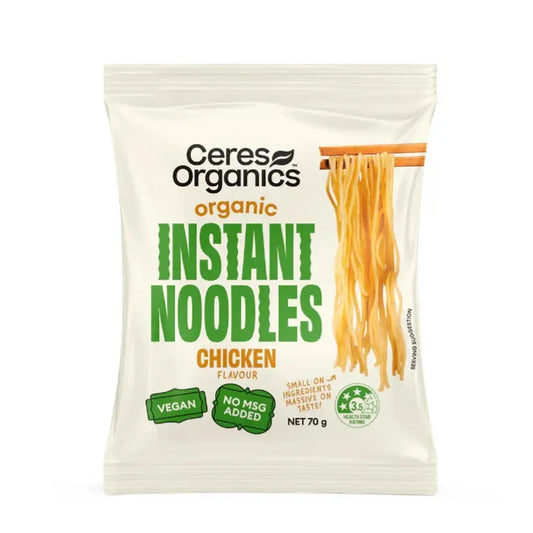 A 70g package of Ceres Organics Organic Instant Noodles Chicken Flavour, featuring a white pouch with green and orange text and a graphic of the noodles.