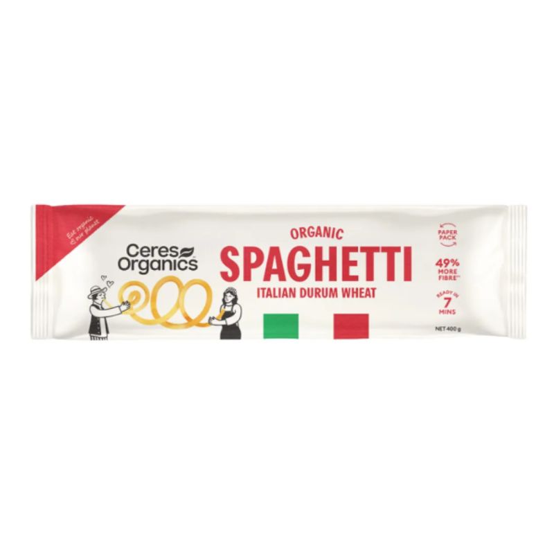 Ceres Organics Organic Spaghetti Italian Durum Wheat snack stick pack, featuring a white wrapper with red and green accents and illustrations of a chef and spaghetti.