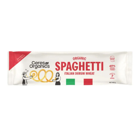Ceres Organics Organic Spaghetti Italian Durum Wheat snack stick pack, featuring a white wrapper with red and green accents and illustrations of a chef and spaghetti.