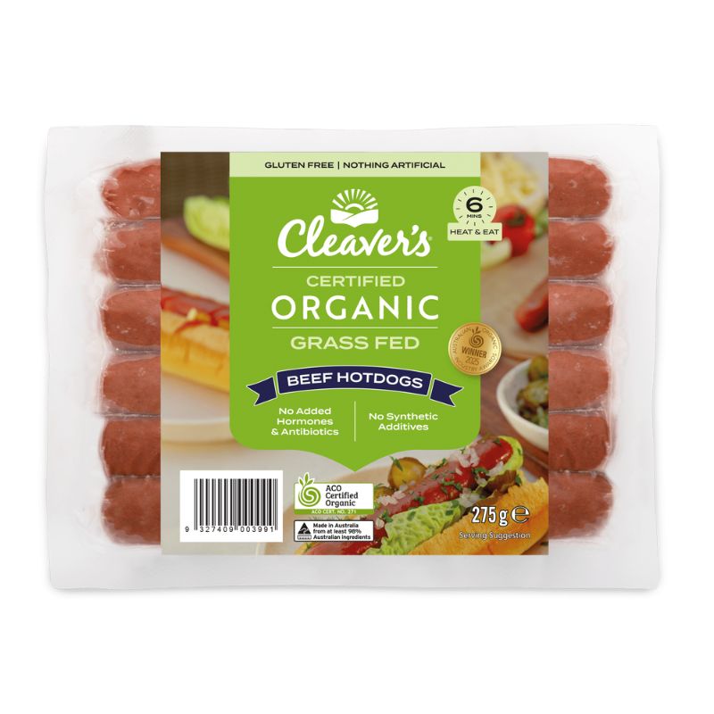 A package of Cleaver's Certified Organic Grass Fed Beef Hotdogs in a clear plastic tray with a green and white label, shown against a plain white background.