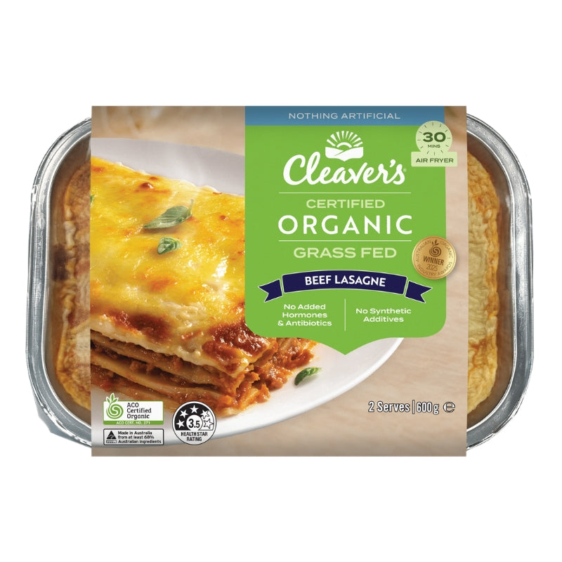 Cleaver's Certified Organic Grass Fed Beef Lasagne in a clear plastic tray with a green and blue label, shown on a white background.