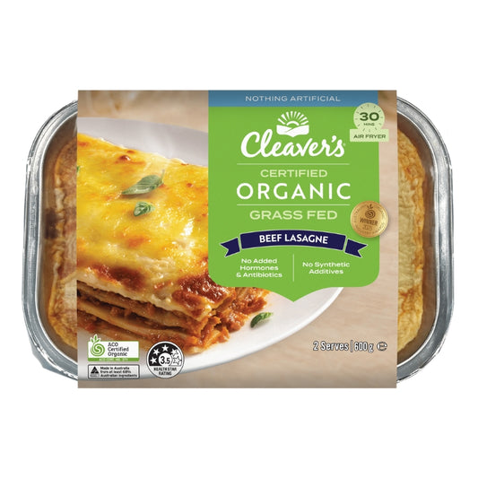 Cleaver's Certified Organic Grass Fed Beef Lasagne in a clear plastic tray with a green and blue label, shown on a white background.
