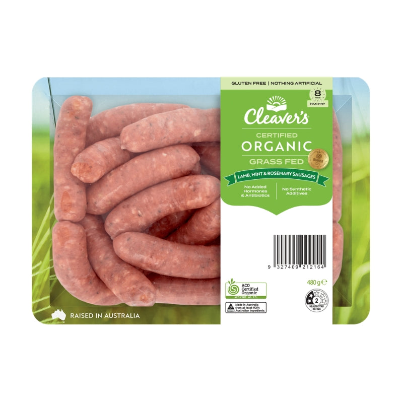 A package of Cleaver's Certified Organic Grass Fed Lamb Hirt & Rosemary Sausages, 460g, in a clear plastic tray with a green and white label.