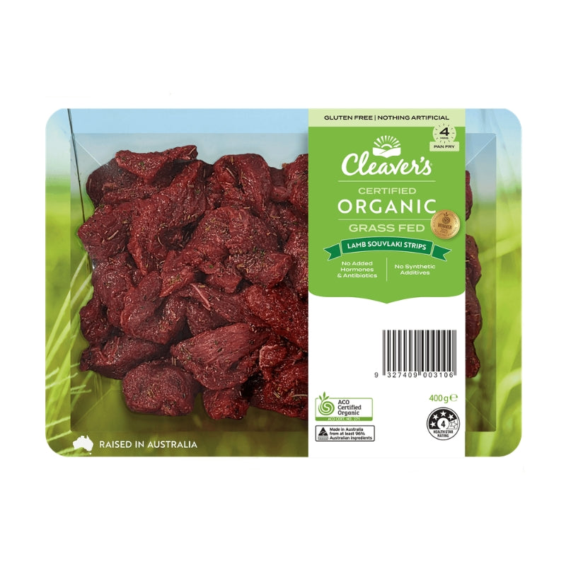 Cleaver's Certified Organic Grass Fed Lamb Souvlaki Strips in a clear plastic tray with a green and white label, on a white background.
