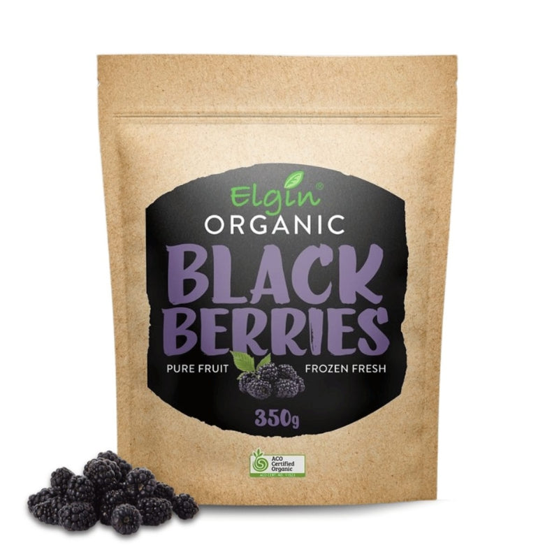 A 350g stand-up pouch of Elgin Organic Black Berries on a white background, with a few loose black berries placed in front of the package.