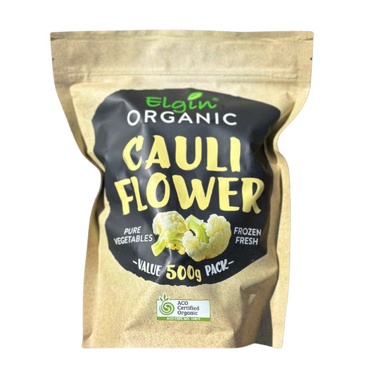 A 500g stand-up pouch of Elgin Organic Cauli Flower (frozen cauliflower) on a plain white background. The packaging is a natural beige color with a large black label featuring yellow text and a small green-accented logo.