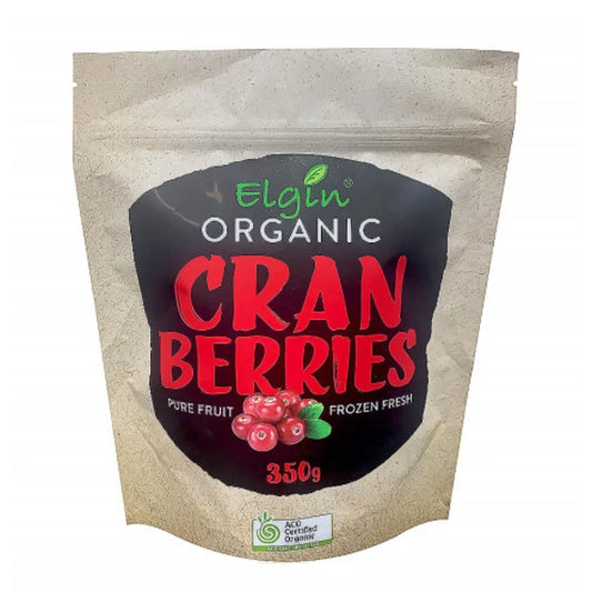 A 350g stand-up pouch of Elgin Organic Cran Berries, featuring a beige paper-like background with a large black label containing red and green text and a berry illustration.