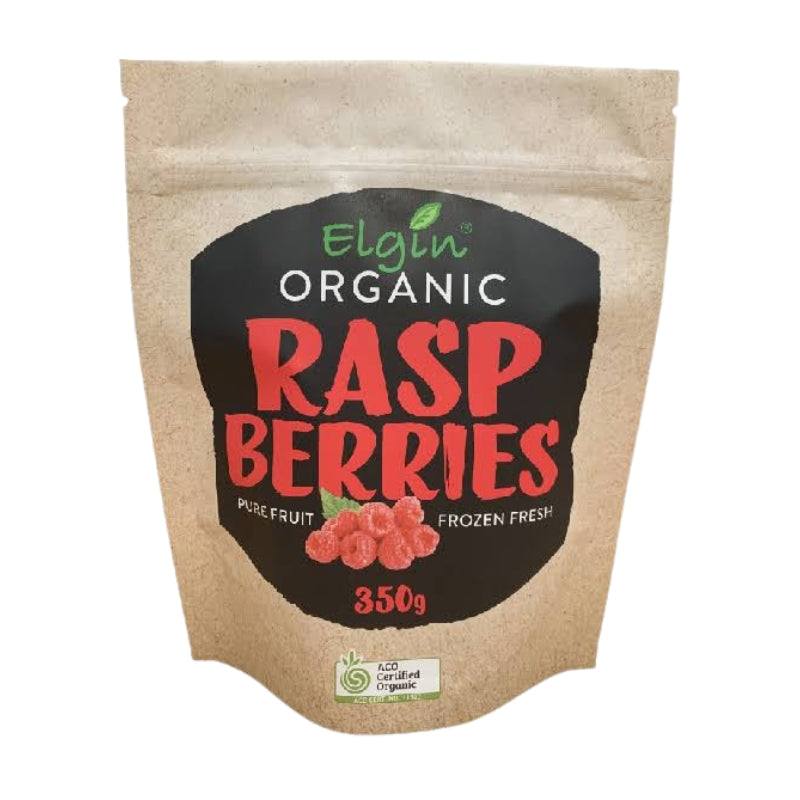A 350g stand-up pouch of Elgin Organic Raspberries on a plain white background. The packaging is made of a textured kraft paper material, featuring a large black label with red and white text, and a small green Certified Organic badge at the bottom.