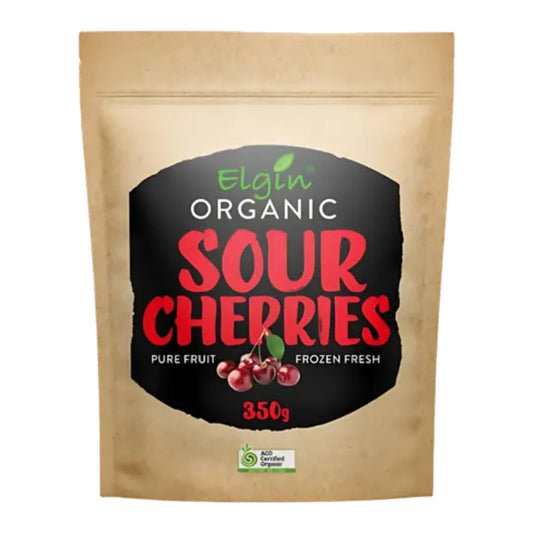 Organic Sour Cherries 350g frozen resealable kraft bag, ACO certified organic, pure fruit frozen fresh