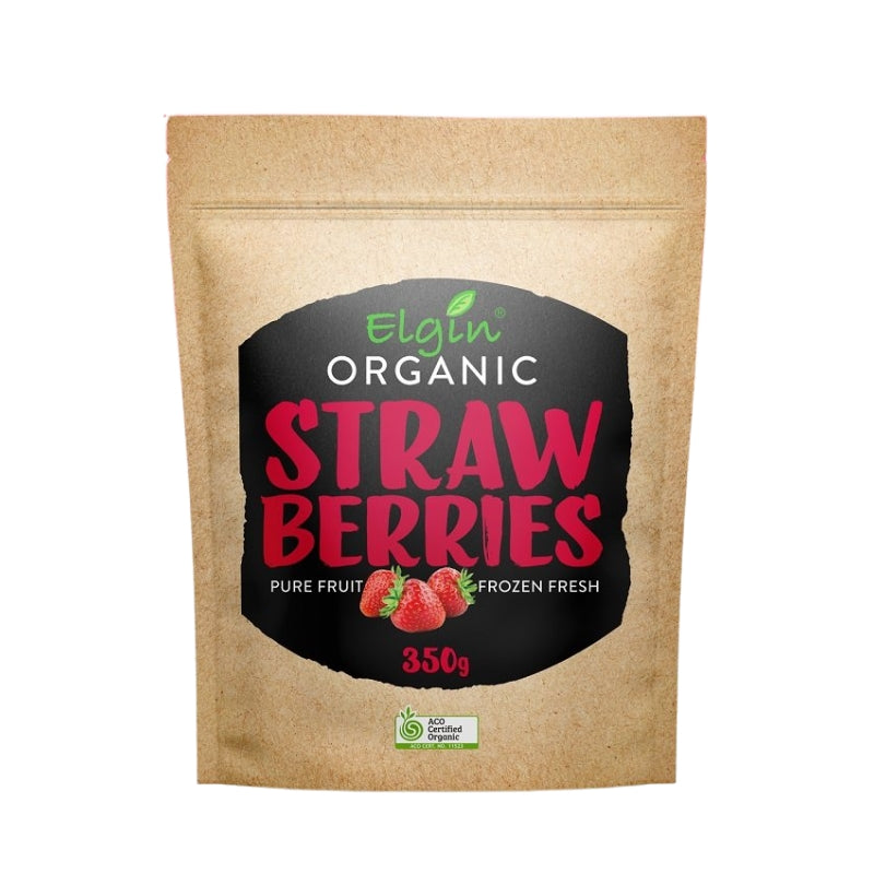 A 350g stand-up pouch of Elgin Organic Strawberry powder on a plain white background. The packaging is made of natural brown kraft paper with a large black label featuring red and white text and illustrations of fresh strawberries.
