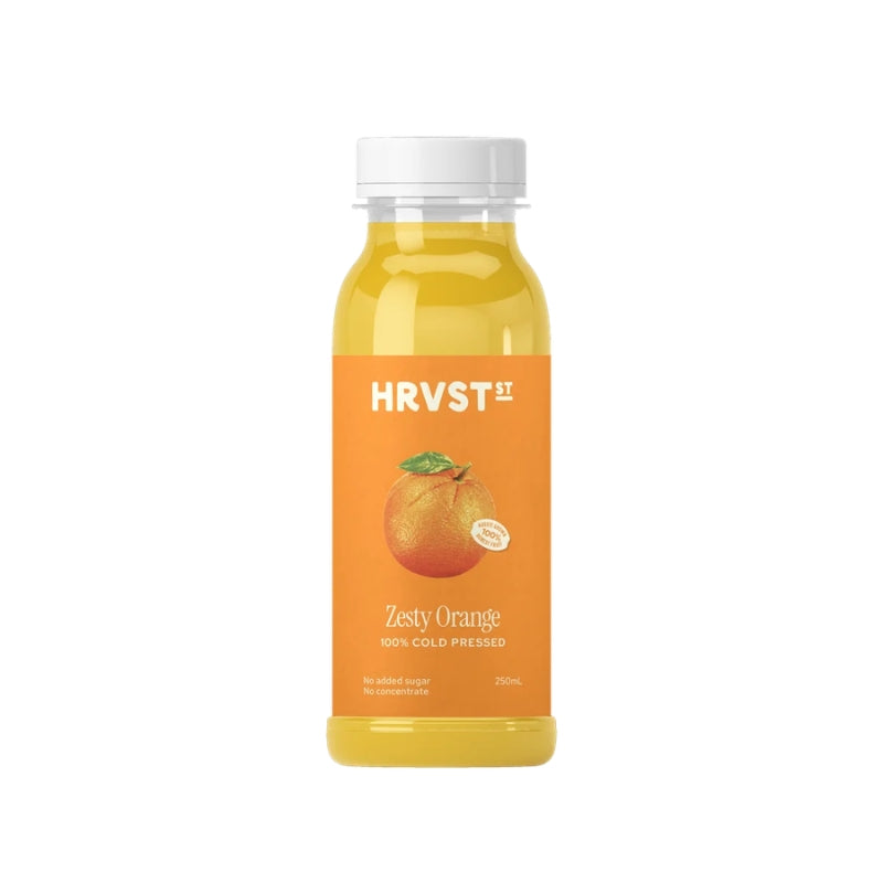 A bottle of HRVST Zesty Orange juice with a white cap and an orange label, shown on a plain white background.