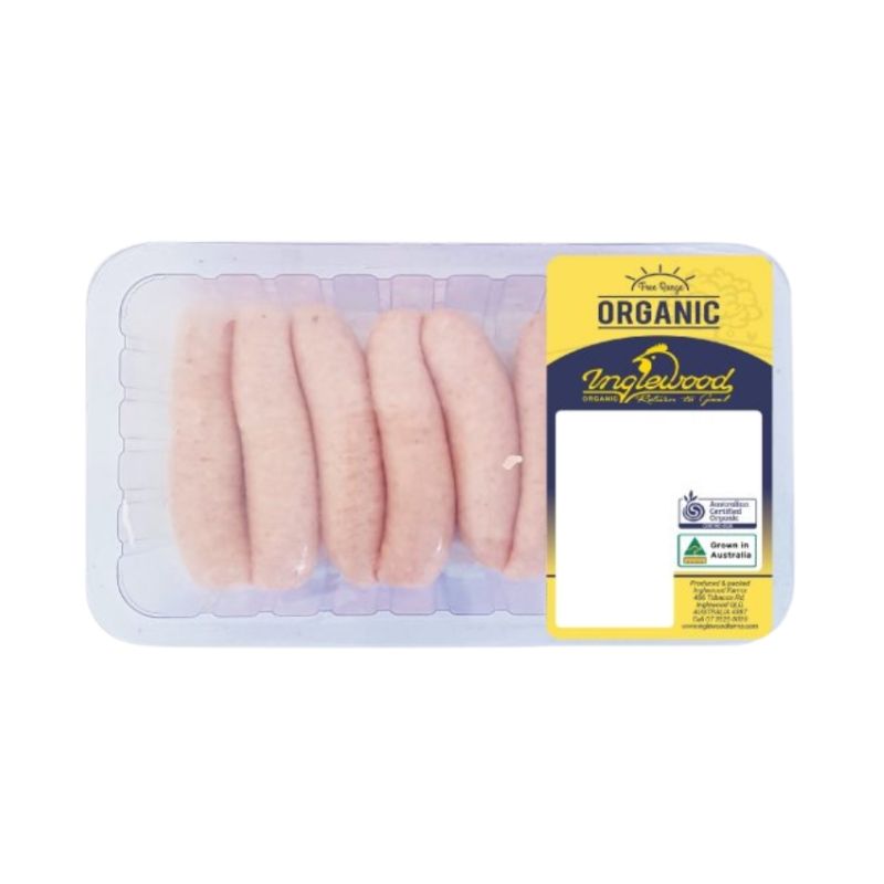 A package of five organic sausages in a clear plastic tray with a yellow and navy label on the right side, photographed against a plain white background.