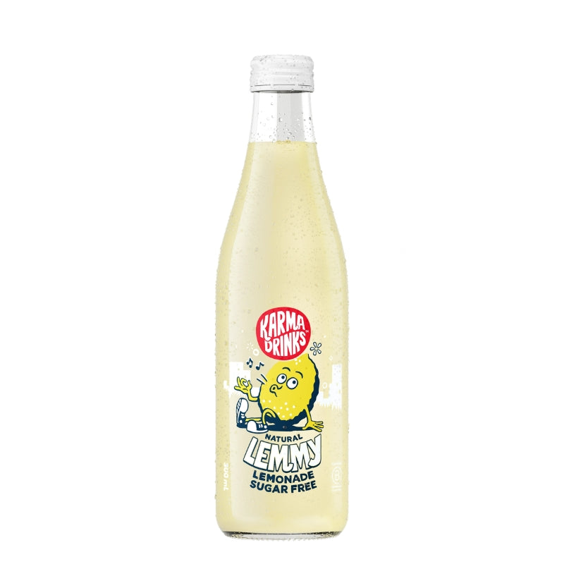 A glass bottle of Karma Drinks Lemonade, lemon sugar free, featuring a white cap and a label with a cartoon lemon character on a white background.