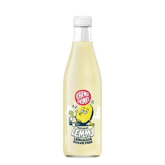 A glass bottle of Karma Drinks Lemonade, lemon sugar free, featuring a white cap and a label with a cartoon lemon character on a white background.