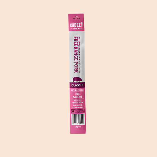 Kooee sticks organic pork classic 25g, featured in the Joy Wholefoods online store.