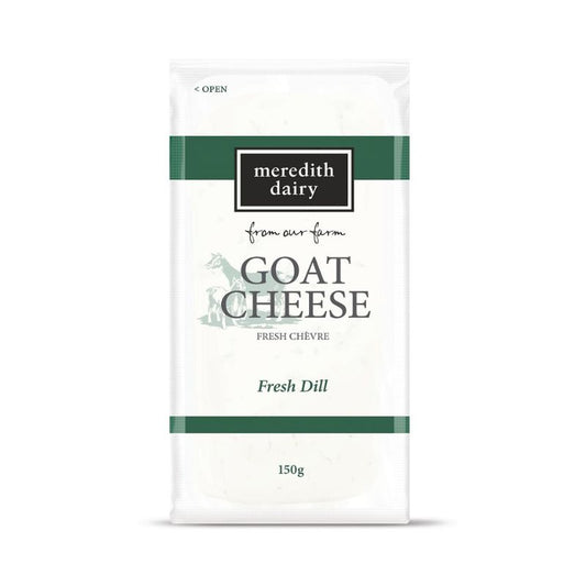 A package of Meredith Dairy fresh chèvre goat cheese flavored with fresh dill, labeled “from our farm” and weighing 150g.