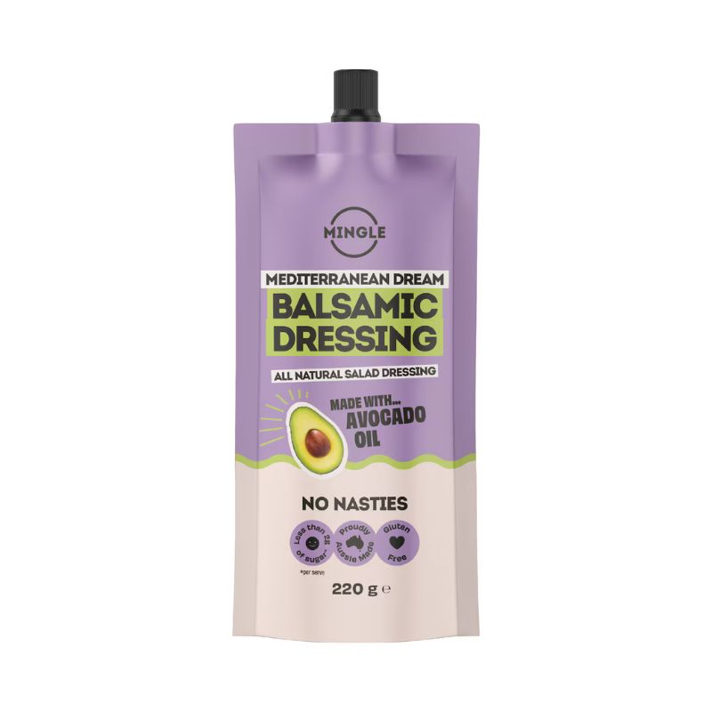 Mingle Balsamic Dressing packaging on a white background
