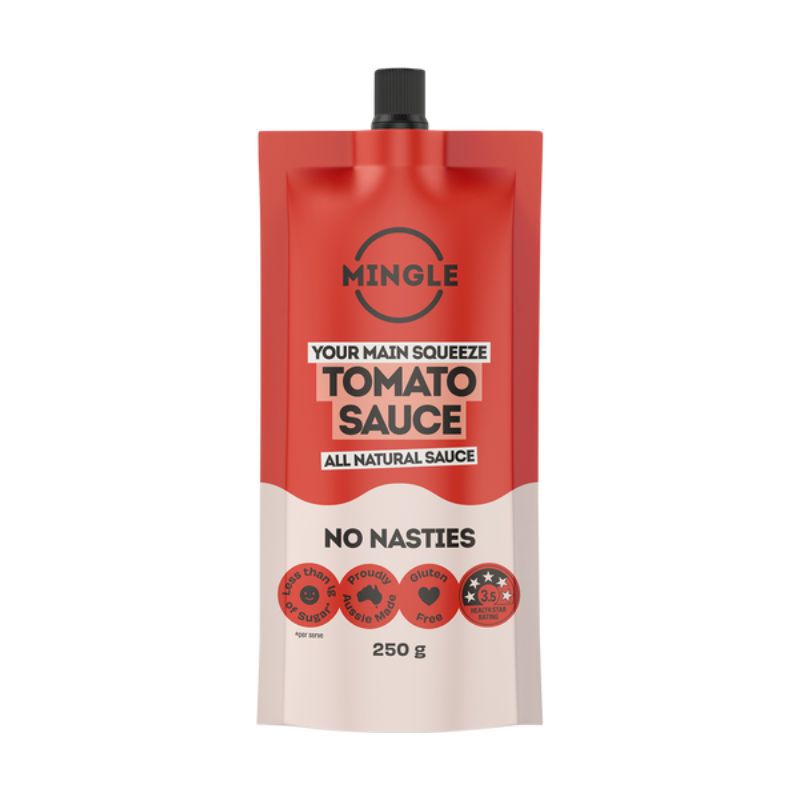 Red and beige Mingle tomato sauce pouch on a white background