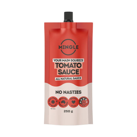 Red and beige Mingle tomato sauce pouch on a white background