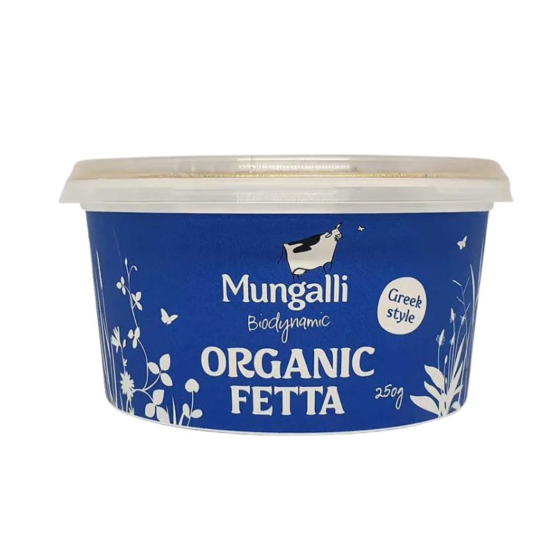A 250g tub of Mungalli Biodynamic Organic Fetta in Greek style, featuring a deep blue label with white text and illustrations, and a clear plastic lid, on a solid white background.