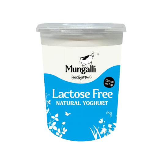 A 1kg tub of Mungalli Lactose Free Natural Yoghurt on a plain white background. The tub has a white and blue label with a clear lid.