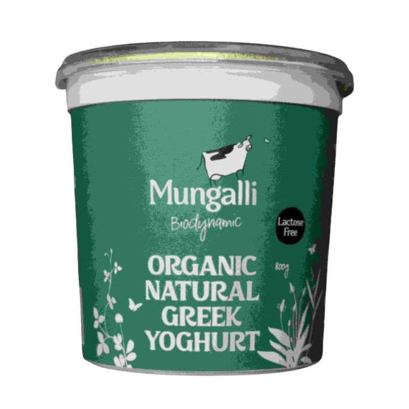 A 1kg tub of Mungalli Biodynamic Organic Natural Greek Yoghurt on a solid white background. The container is dark green with white text and illustrations of a cow and plants, and has a silver lid.