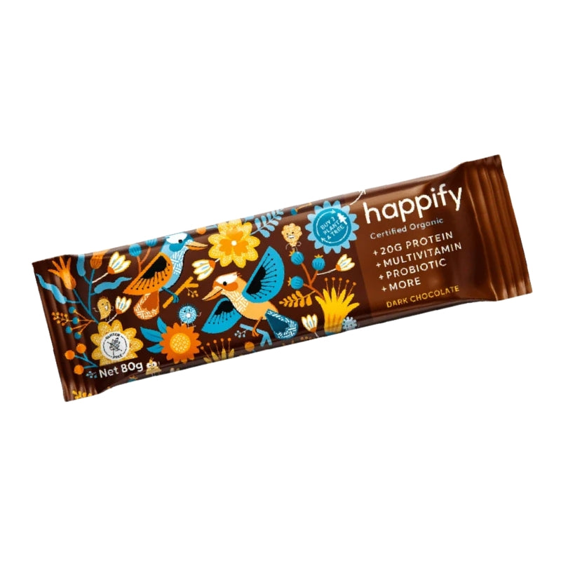 A single Happify Certified Organic protein bar in dark chocolate flavor, wrapped in a brown paper sleeve decorated with colorful illustrations of birds, flowers, and leaves.