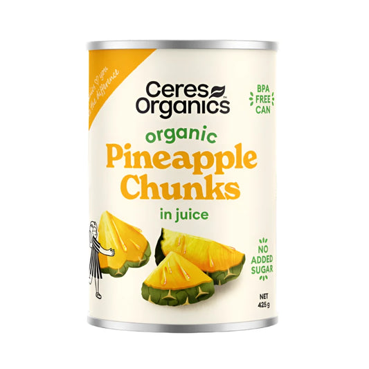 Organic pineapple chunks in juice ceres organics webp, featured in the Joy Wholefoods online store.