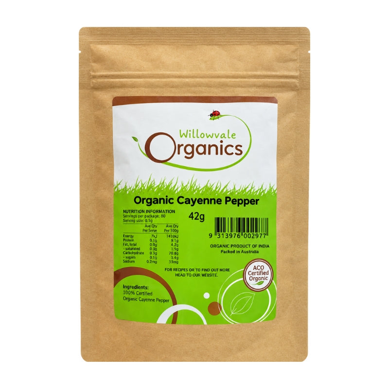 A 42g stand-up pouch of Willowwate Organics Organic Cayenne Pepper on a plain white background.