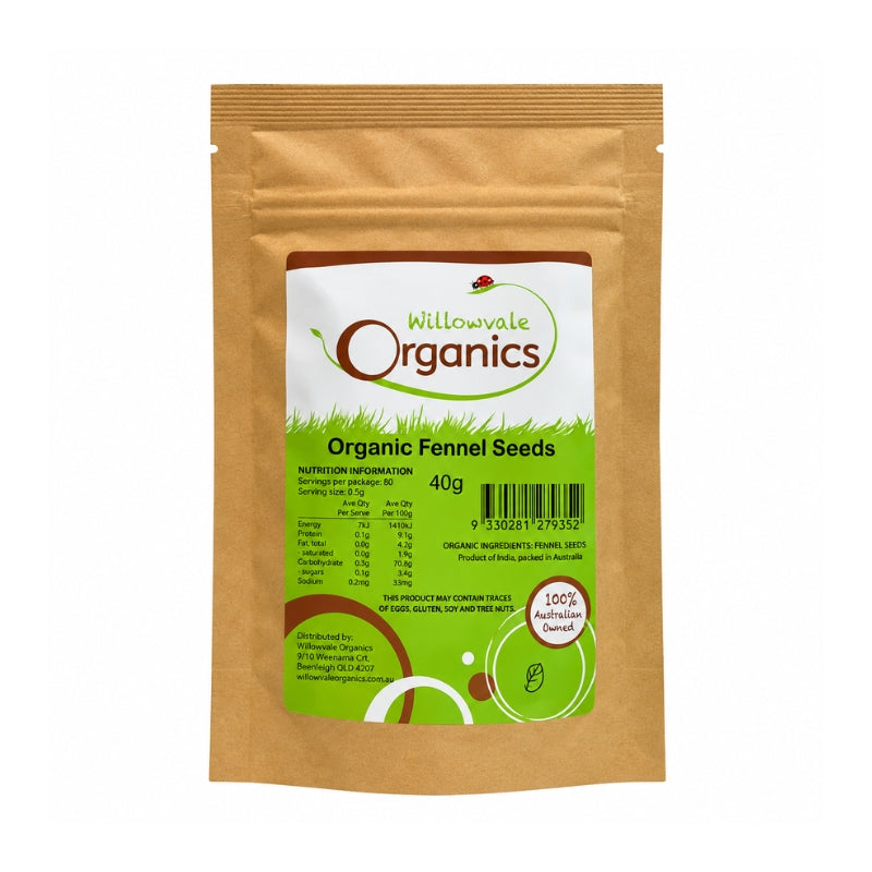 A 40g stand-up pouch of Willowwale Organics Organic Fennel Seeds on a plain white background.