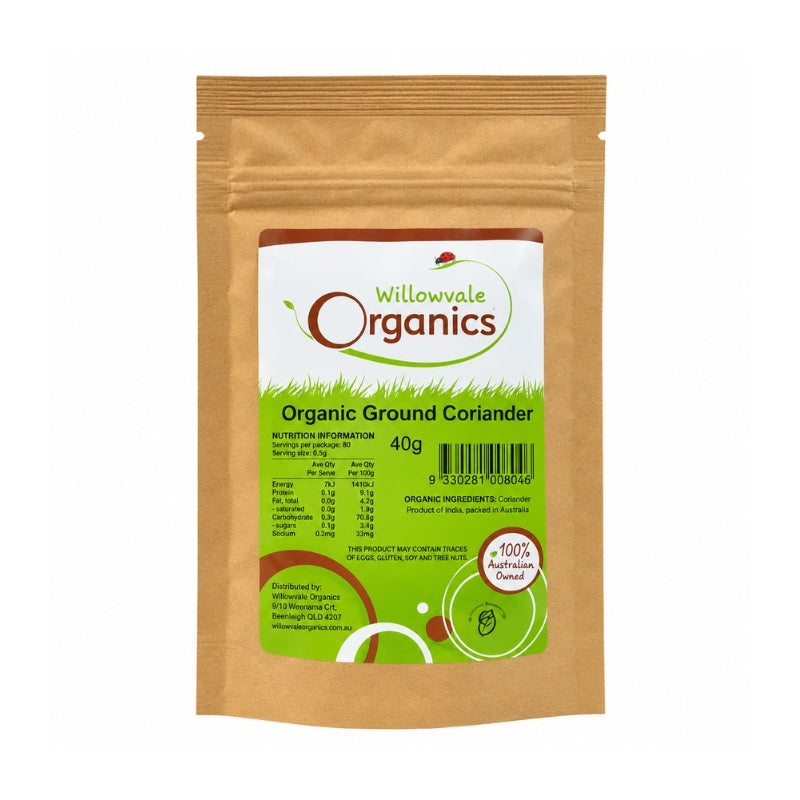 A 40g stand-up pouch of Willowwale Organics Organic Ground Coriander on a plain white background.