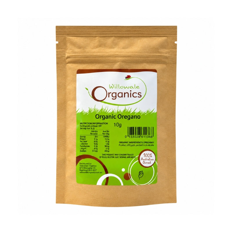 A 10g stand-up pouch of Willowvale Organics Organic Oregano in a brown kraft paper packaging with a white and green label.