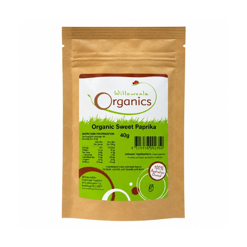 A 40g stand-up pouch of Willowvale Organics Organic Sweet Paprika on a plain white background.