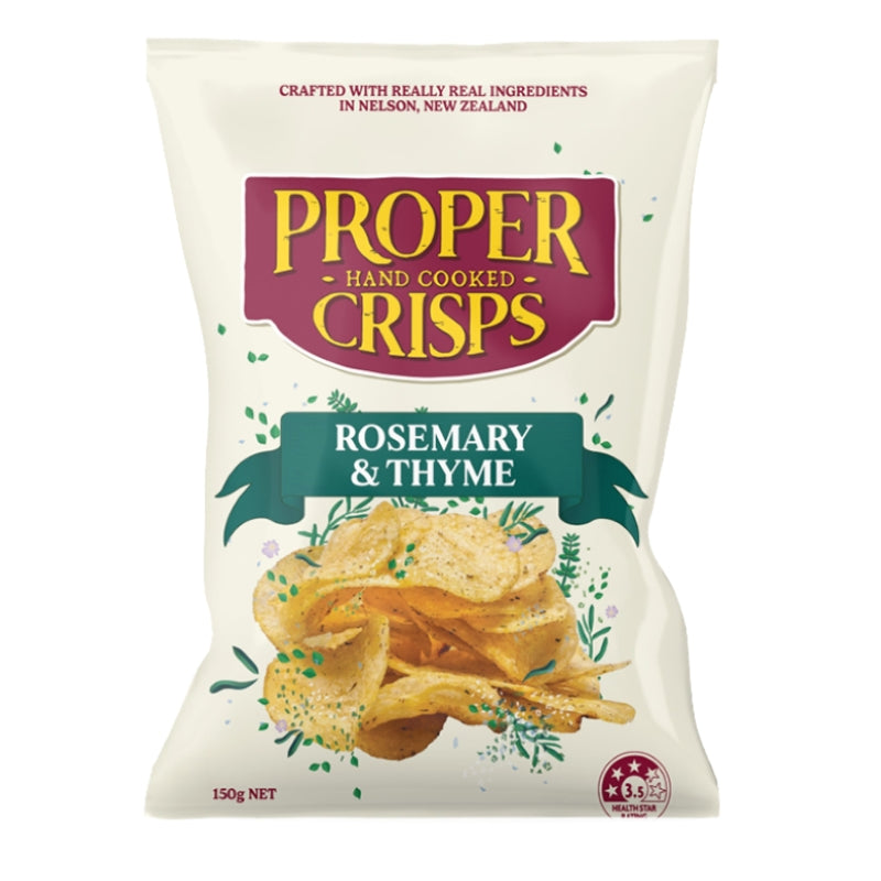A 150g bag of Proper Hand Cooked Crisps in Rosemary & Thyme flavor, featuring golden-brown crisps illustrated on the front against a white background.