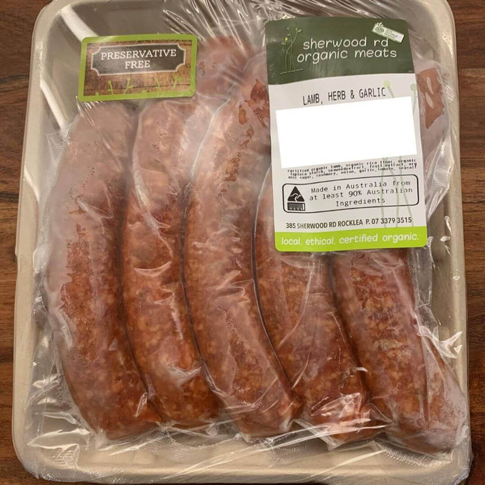 Sherwood rd organic meats paleo lamb herb sausages spray free, featured in the Joy Wholefoods online store.