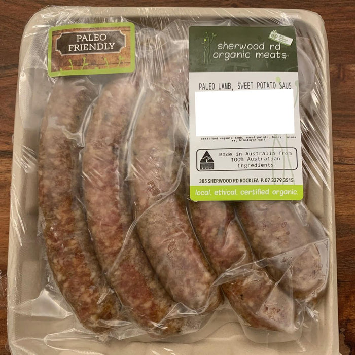 Sherwood rd organic meats paleo lamb potato sausages spray free, featured in the Joy Wholefoods online store.