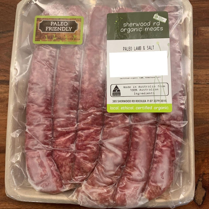 Sherwood rd organic meats paleo lamb salt sausages spray free, featured in the Joy Wholefoods online store.