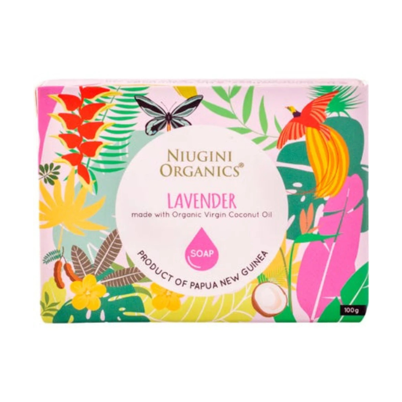 A rectangular box of Niugini Organics Lavender soap, featuring a colorful tropical design with leaves, a butterfly, a bird, and a coconut on a white background.