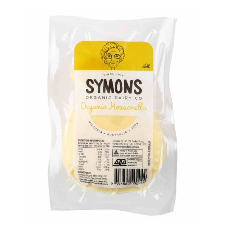 Symons Organic Dairy Co. Organic Mozzarella cheese in a clear plastic bag with a yellow and white label.